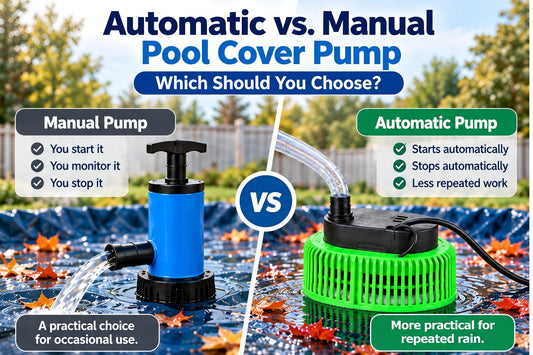 Automatic and manual pool cover pumps compared for occasional and repeated rain