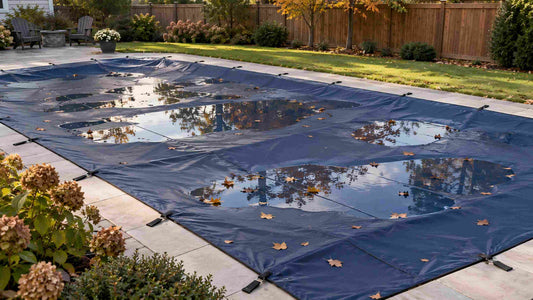 Rainwater collected on a navy pool cover in a backyard after a storm.