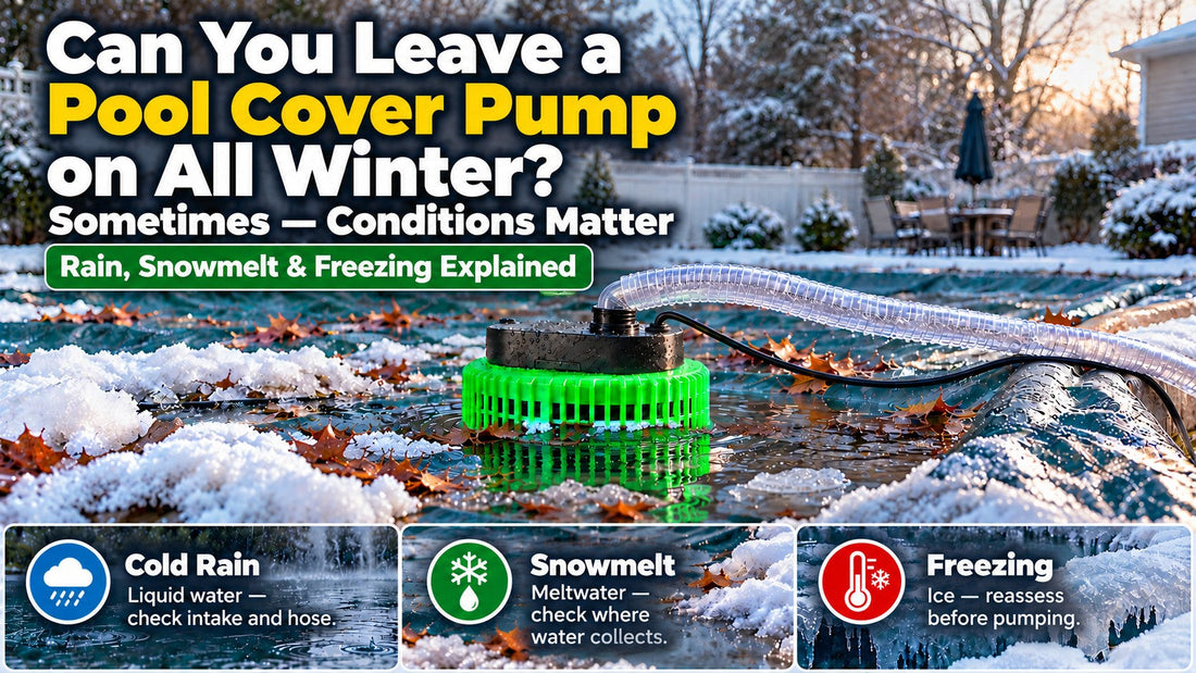 Pool cover pump on a winter pool cover with cold rain, snowmelt, and freezing conditions