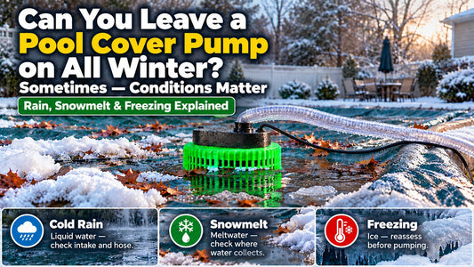 Pool cover pump on a winter pool cover with cold rain, snowmelt, and freezing conditions