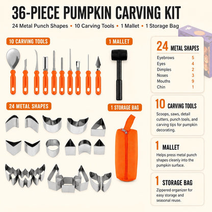 36-Piece Pumpkin Carving Kit with 24 Mix-and-Match Metal Face Shapes