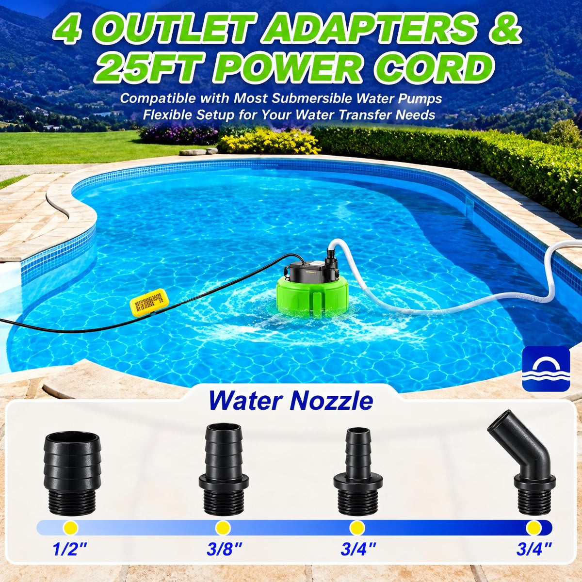 Pool Cover Pump Above Ground with 16ft Hose & 4 Adapters