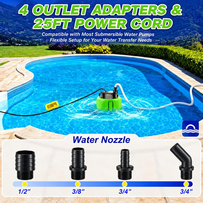 Pool Cover Pump Above Ground with 16ft Hose & 4 Adapters