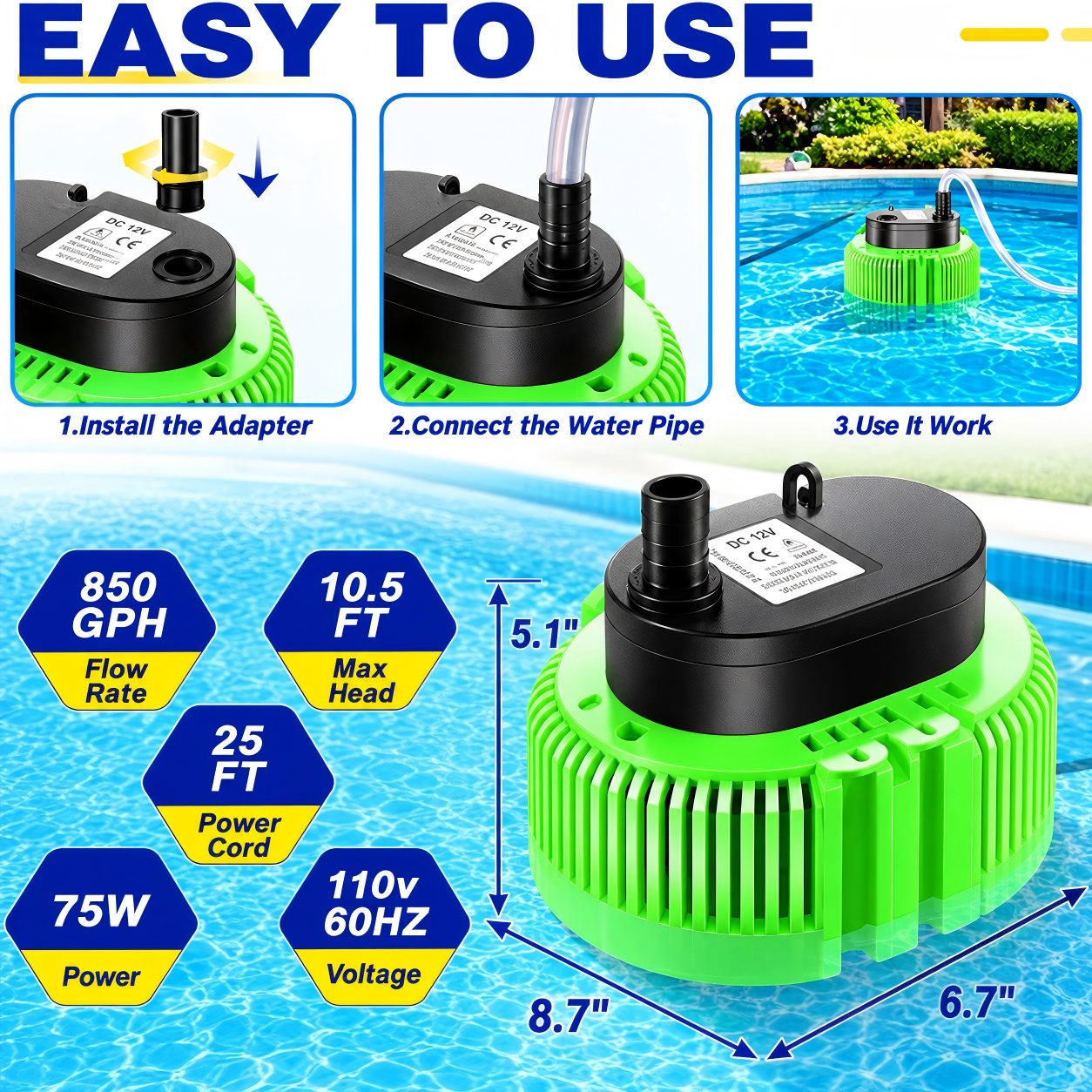 Pool Cover Pump Above Ground with 16ft Hose & 4 Adapters