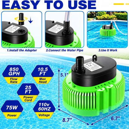 Pool Cover Pump Above Ground with 16ft Hose & 4 Adapters
