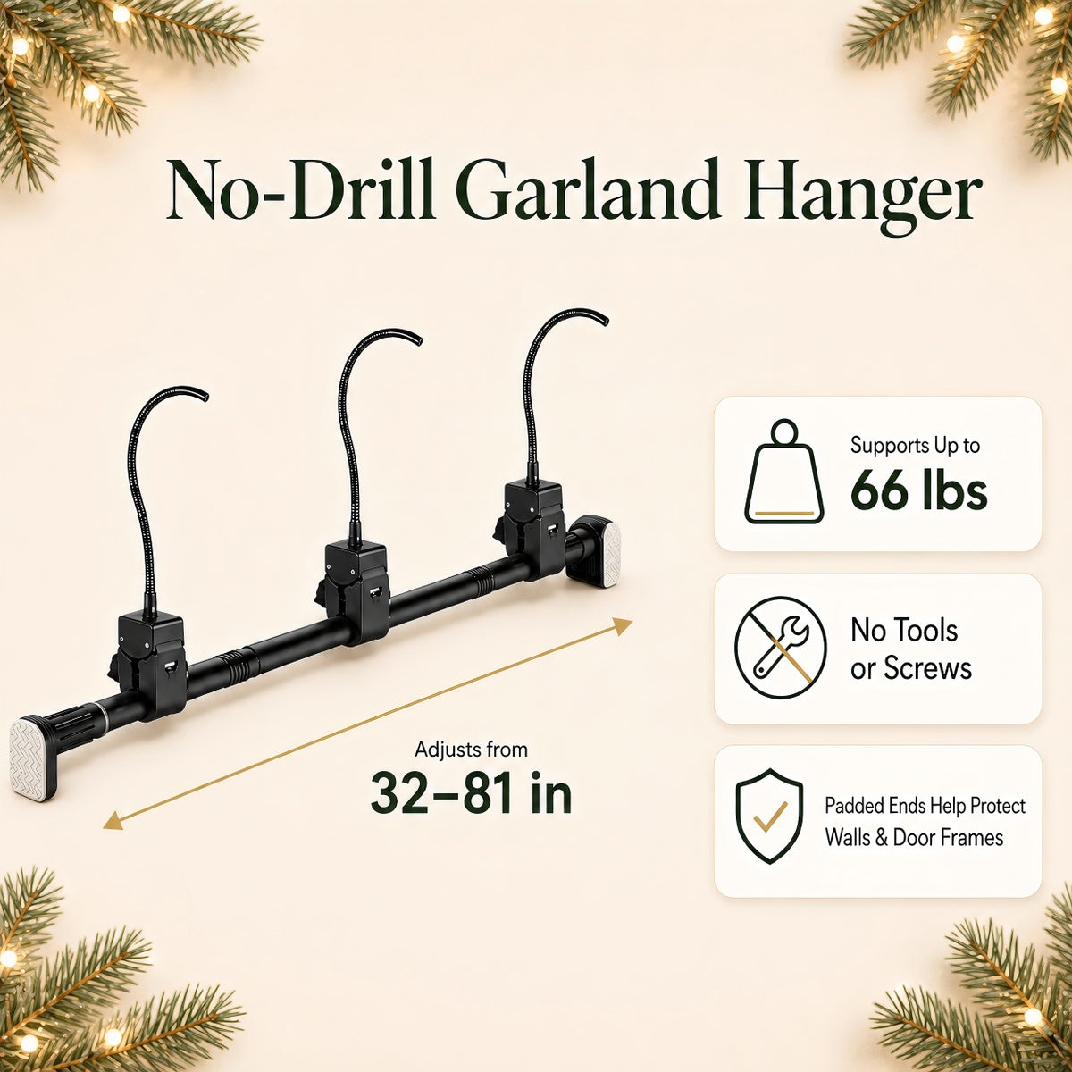 Adjustable Door-Frame Garland Hanger — No Drill, Fits 32–81 in
