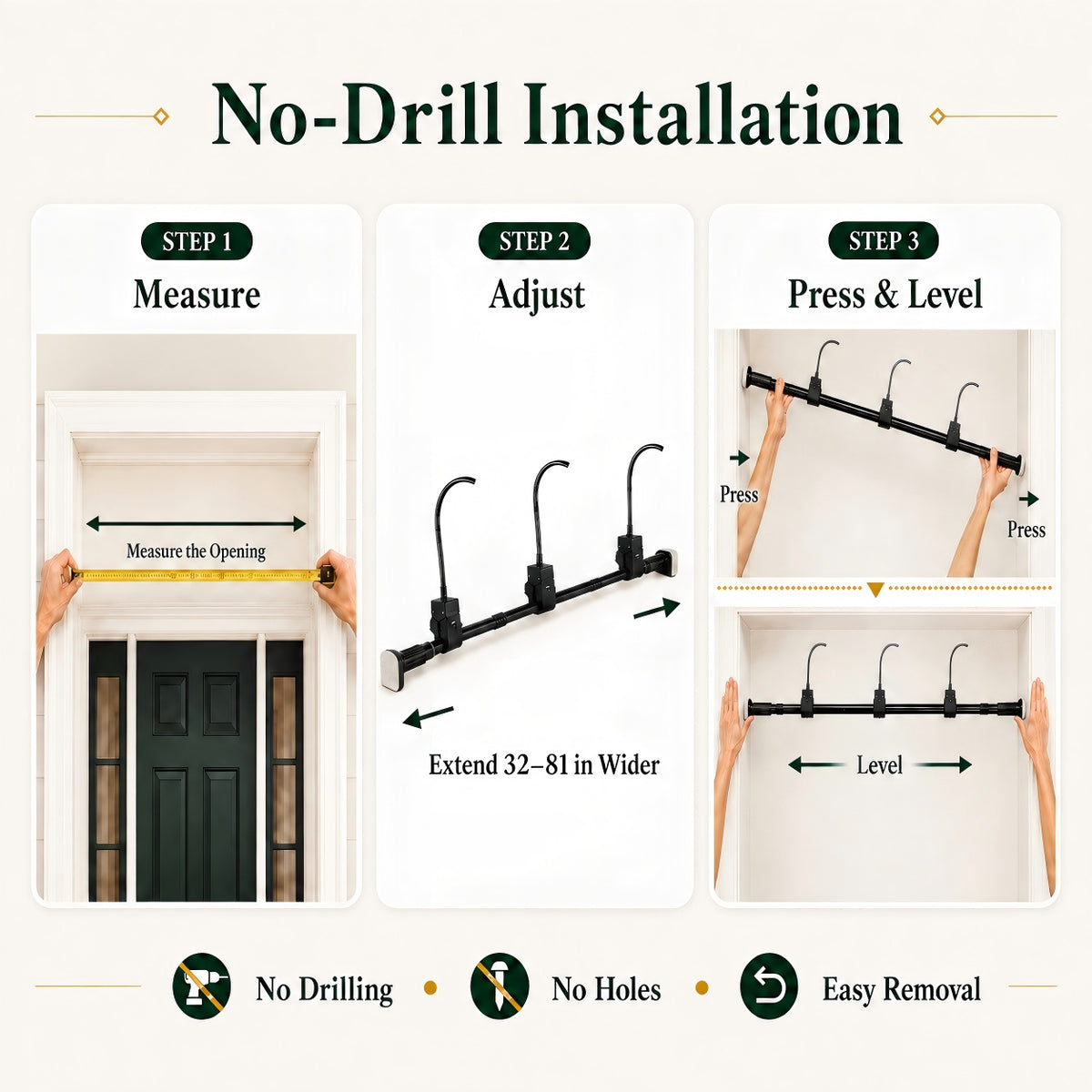 Adjustable Door-Frame Garland Hanger — No Drill, Fits 32–81 in
