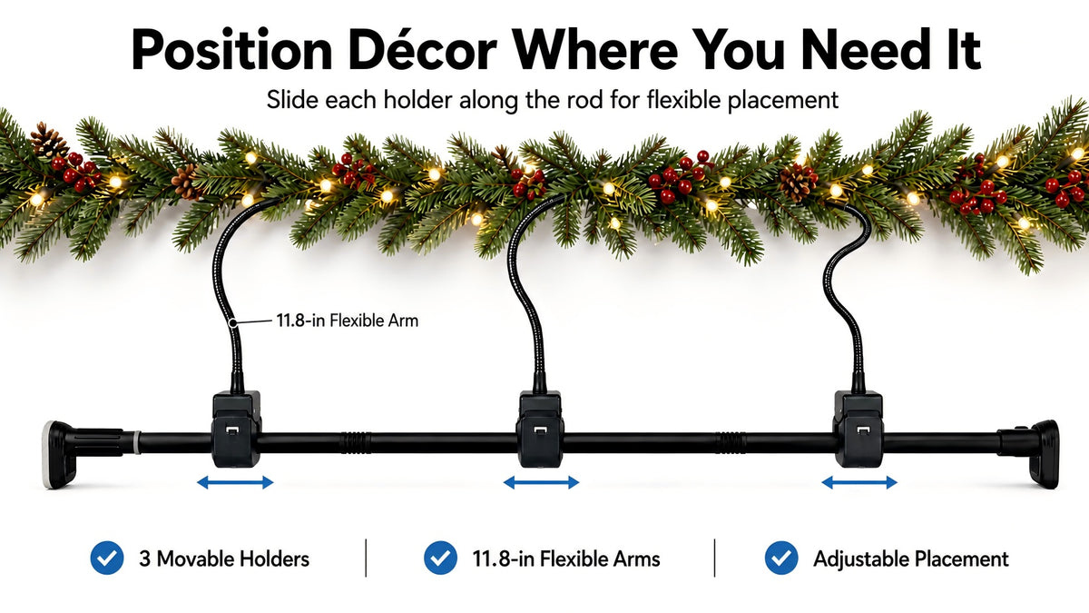Adjustable garland hanger with three movable holders and 11.8-inch flexible arms for customized doorway decoration placement