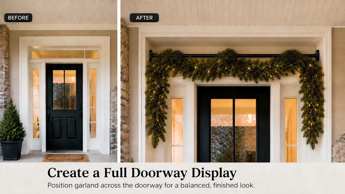 Christmas garland arranged across a front doorway using an adjustable garland hanger with three flexible placement points
