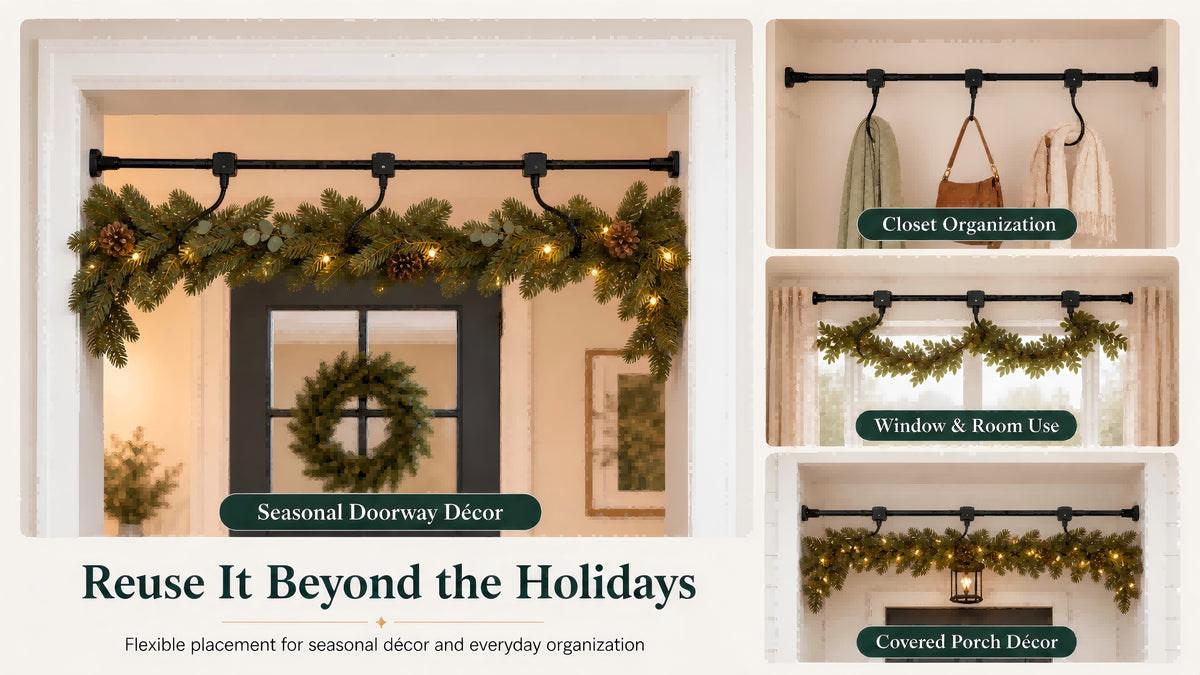 Adjustable garland hanger shown for seasonal doorway decor, closet organization and other household decorating uses