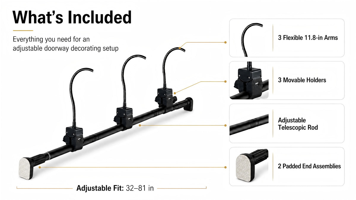 Adjustable garland hanger system with telescopic rod, three movable holders, three flexible arms and padded end assemblies