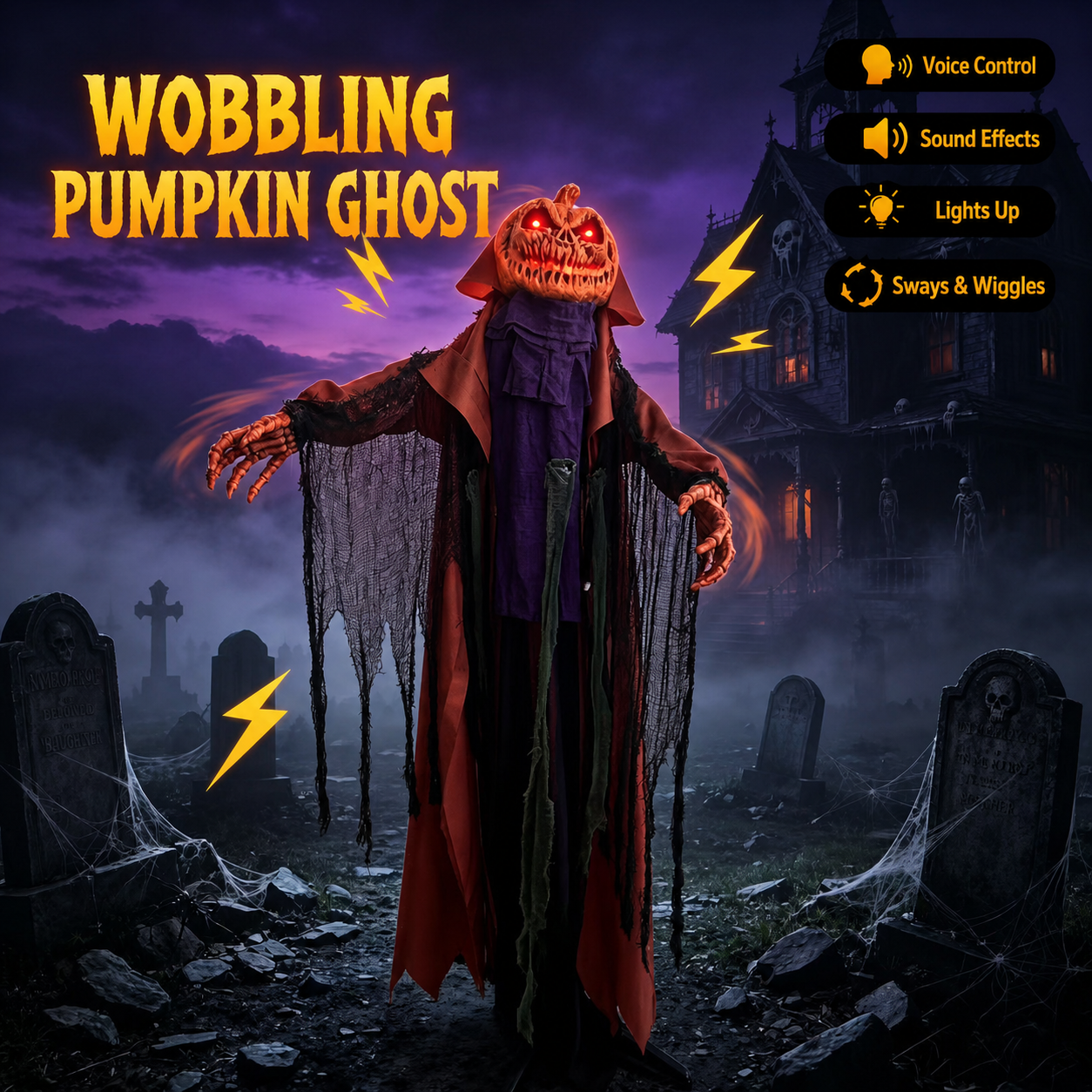 6.56 FT Halloween Pumpkin Electric Decoration: Lights Up, Plays Sounds, and Swings