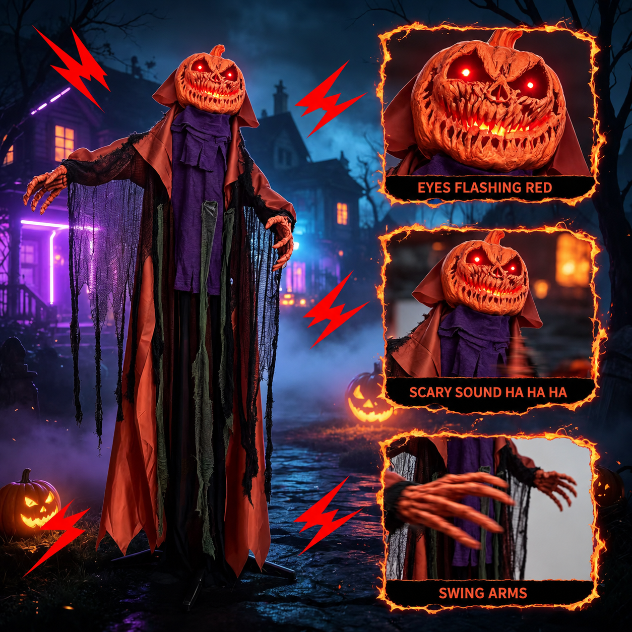 6.56 FT Halloween Pumpkin Electric Decoration: Lights Up, Plays Sounds, and Swings