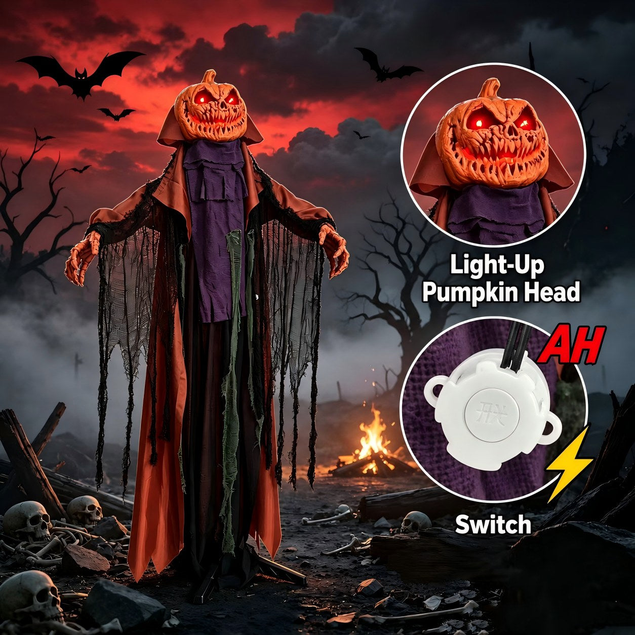 6.56 FT Halloween Pumpkin Electric Decoration: Lights Up, Plays Sounds, and Swings