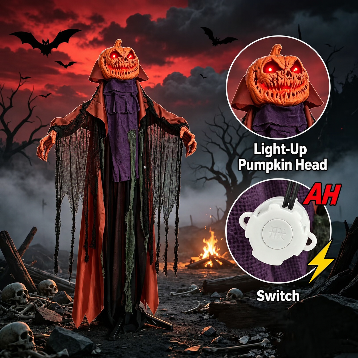 6.56 FT Halloween Pumpkin Electric Decoration: Lights Up, Plays Sounds, and Swings