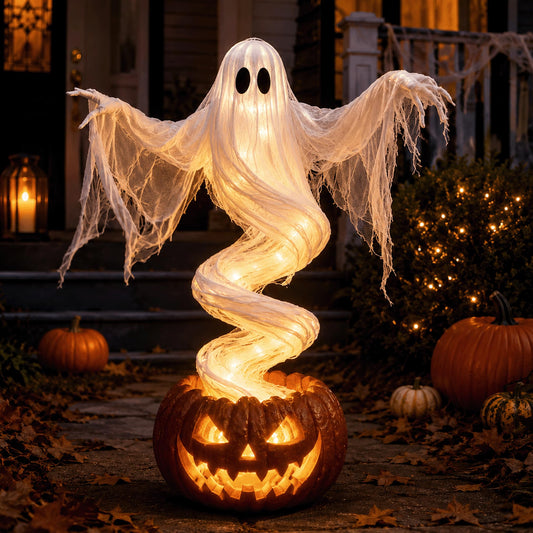 4.3 FT Swirling Ghost Pumpkin Light – Warm LED Floating Ghost Halloween Decoration for Porch, Yard & Entryway
