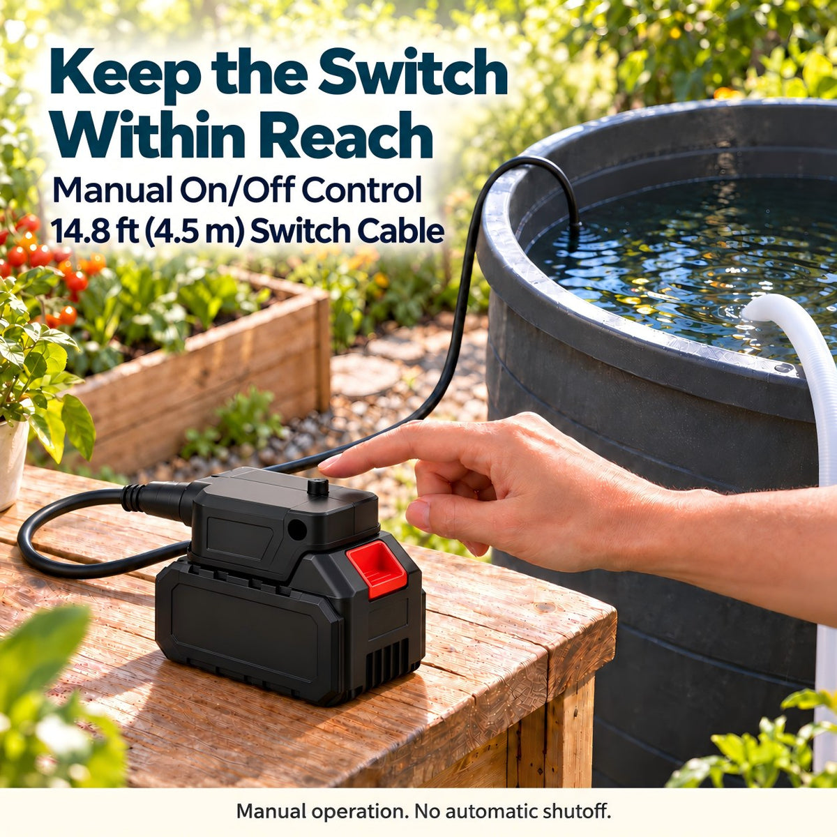 Hand reaching toward the manual on/off switch on a battery-powered water pump controller beside a water barrel.