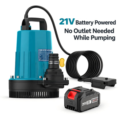 BAXVO 21V cordless submersible water pump with battery, wired switch, and hose connector on a white background.