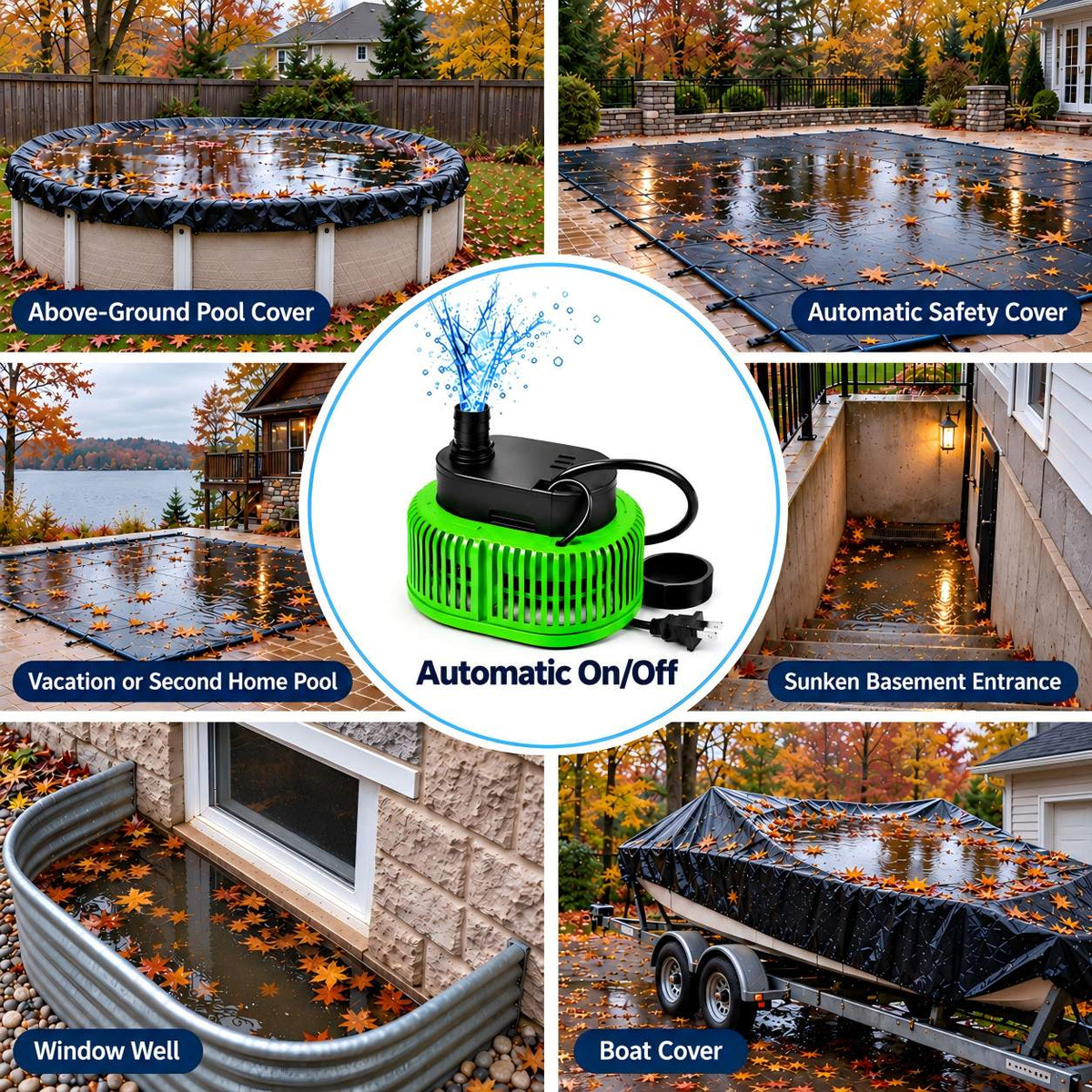 Baxvo automatic pool cover pump shown with pool covers, a vacation home pool, basement steps, a window well, and a boat cover.