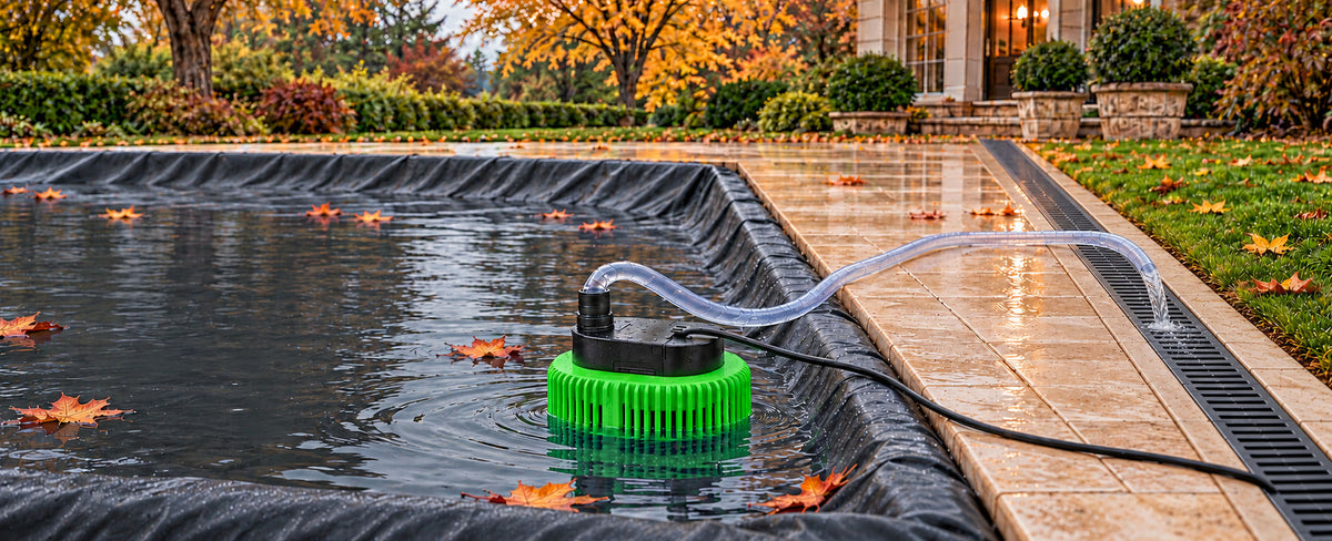Baxvo pool cover pump draining rainwater through a clear hose into a grated patio drain in an autumn backyard.