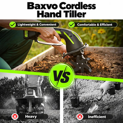 Baxvo cordless hand tiller compared with a larger wheeled tiller and a hand trowel.