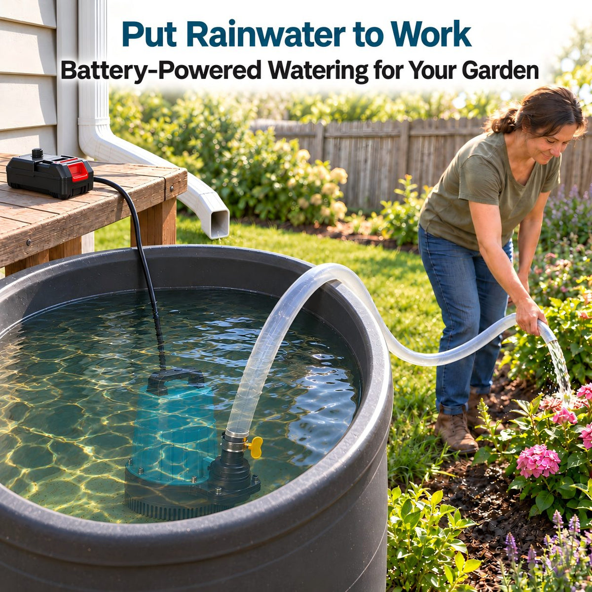Battery-powered submersible pump moving rainwater from a barrel through a clear hose to water garden flowers.