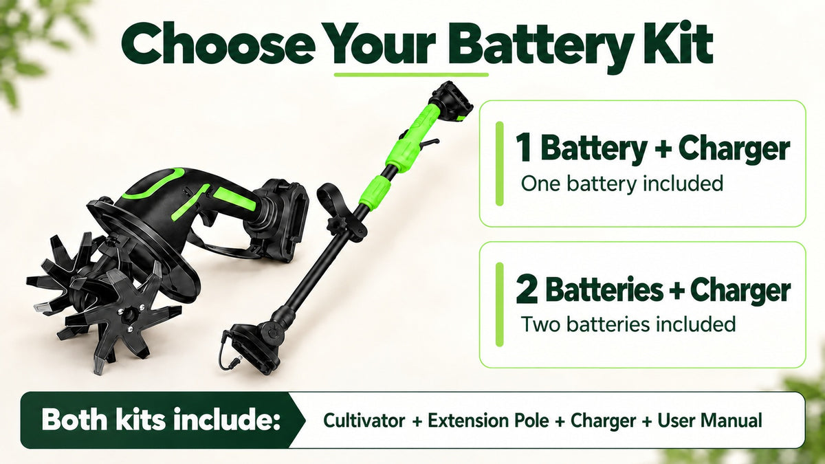 Baxvo cordless cultivator and extension pole with one-battery and two-battery kit options, both including a charger and user manual.