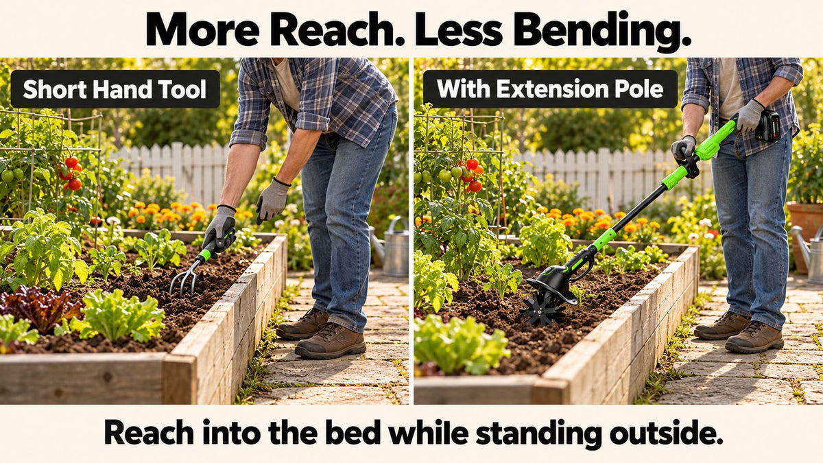 Gardener outside a raised bed comparing a short hand cultivator with a Baxvo cordless tiller fitted with an extension pole.