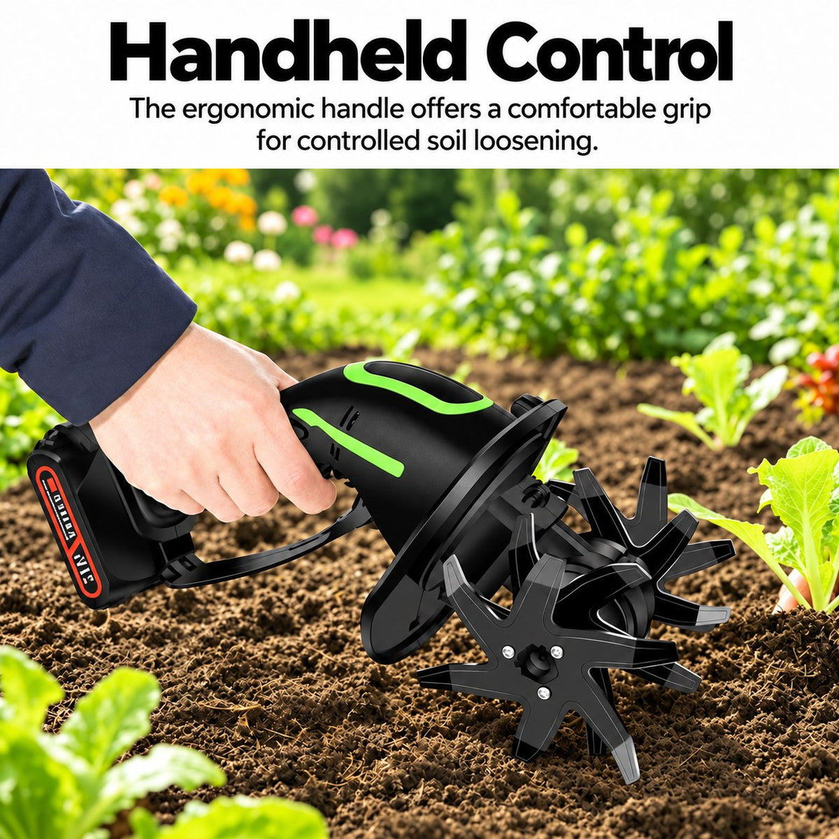 Handheld Baxvo cordless cultivator loosening garden soil, with a close-up of the grip and tines.