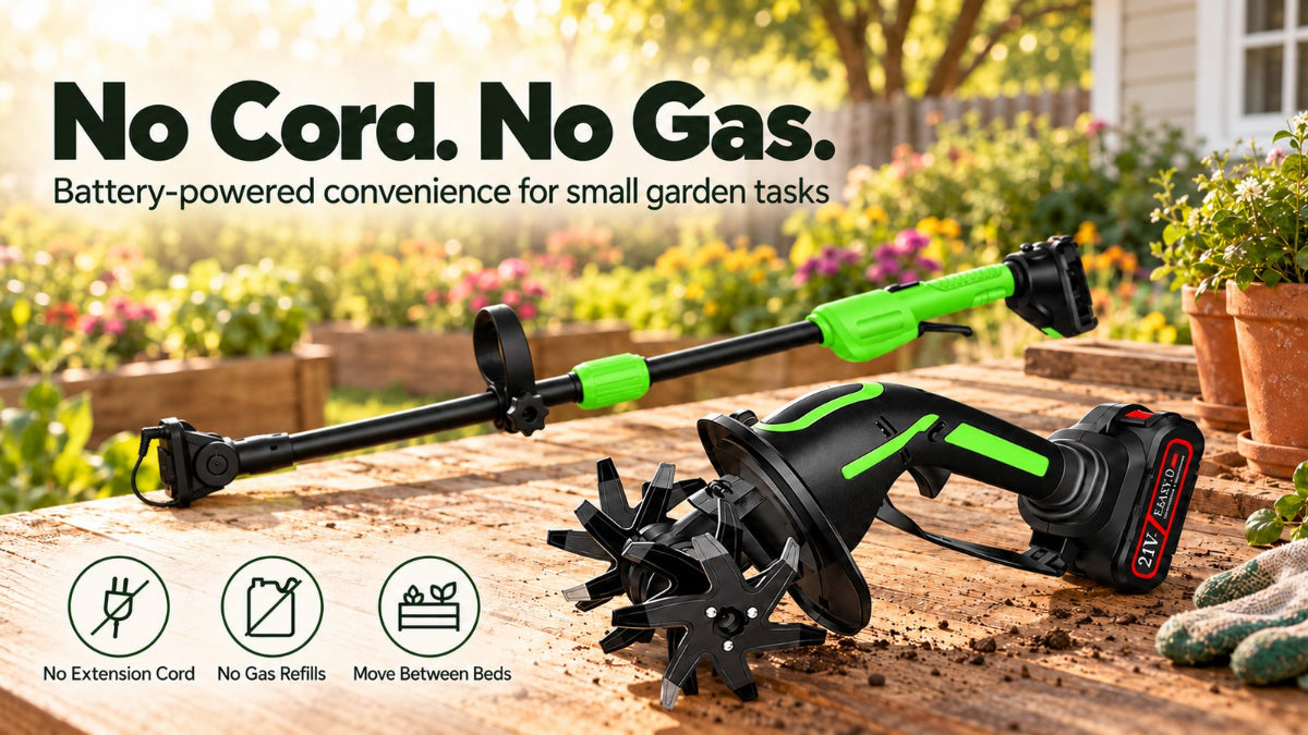 Baxvo battery-powered cultivator and detached extension pole on a wooden garden table, with no-cord and no-gas icons.