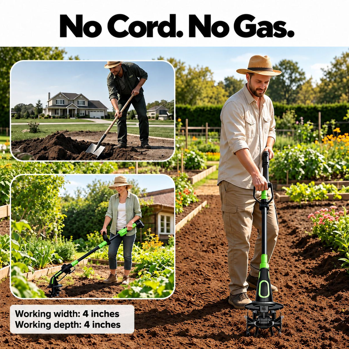 Baxvo battery-powered tiller in a garden bed, with a 4-inch working width and depth shown.