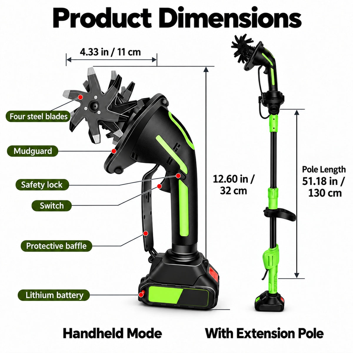 Baxvo cordless tiller dimensions and labeled parts, showing handheld and extension pole configurations.