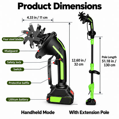 Baxvo cordless tiller dimensions and labeled parts, showing handheld and extension pole configurations.