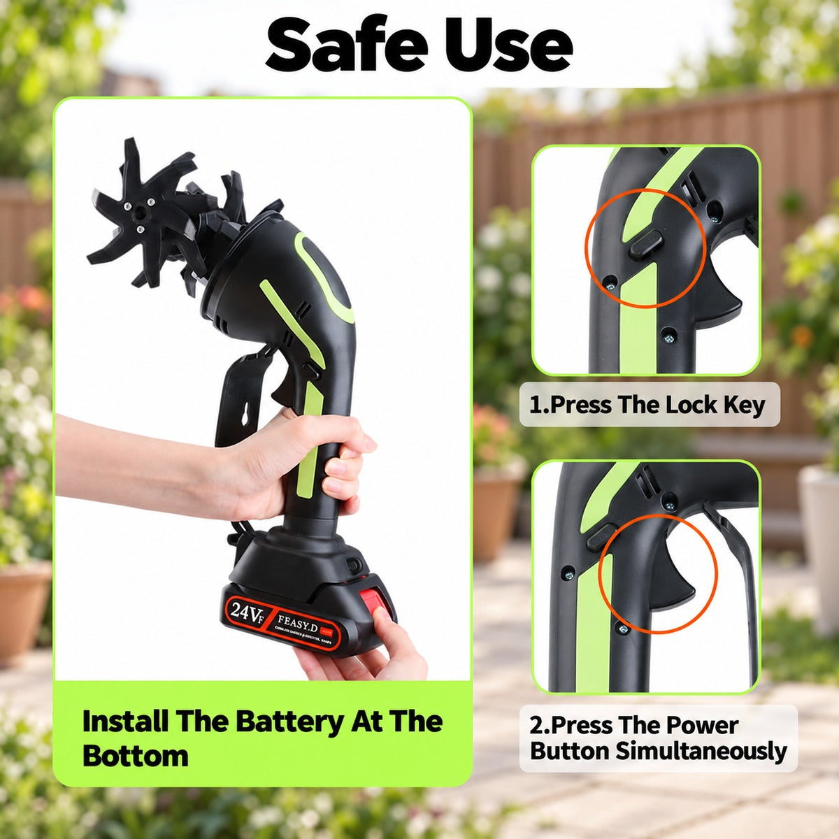 Baxvo cordless tiller battery installation with close-ups of the safety lock button and trigger.