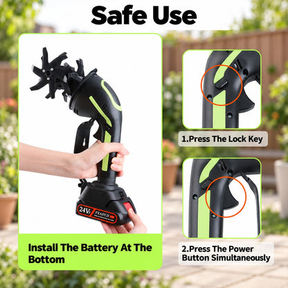 Baxvo cordless tiller battery installation with close-ups of the safety lock button and trigger.