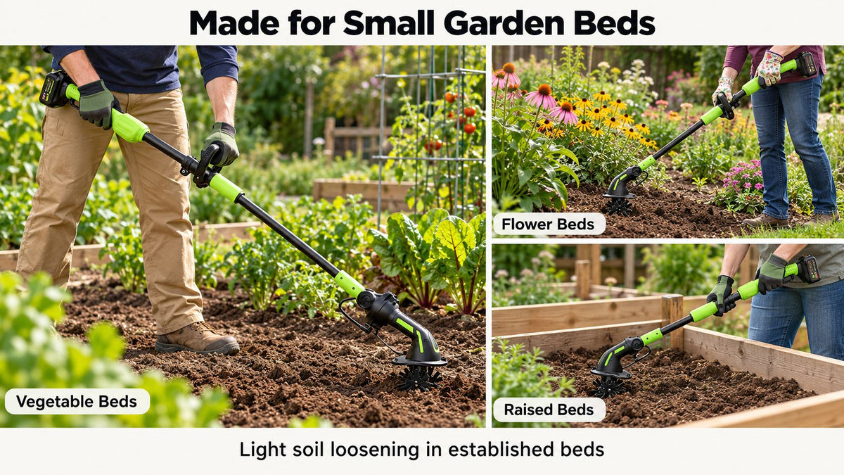 Baxvo cordless tiller with an extension pole loosening surface soil in vegetable beds, flower beds, and a wooden raised garden bed.