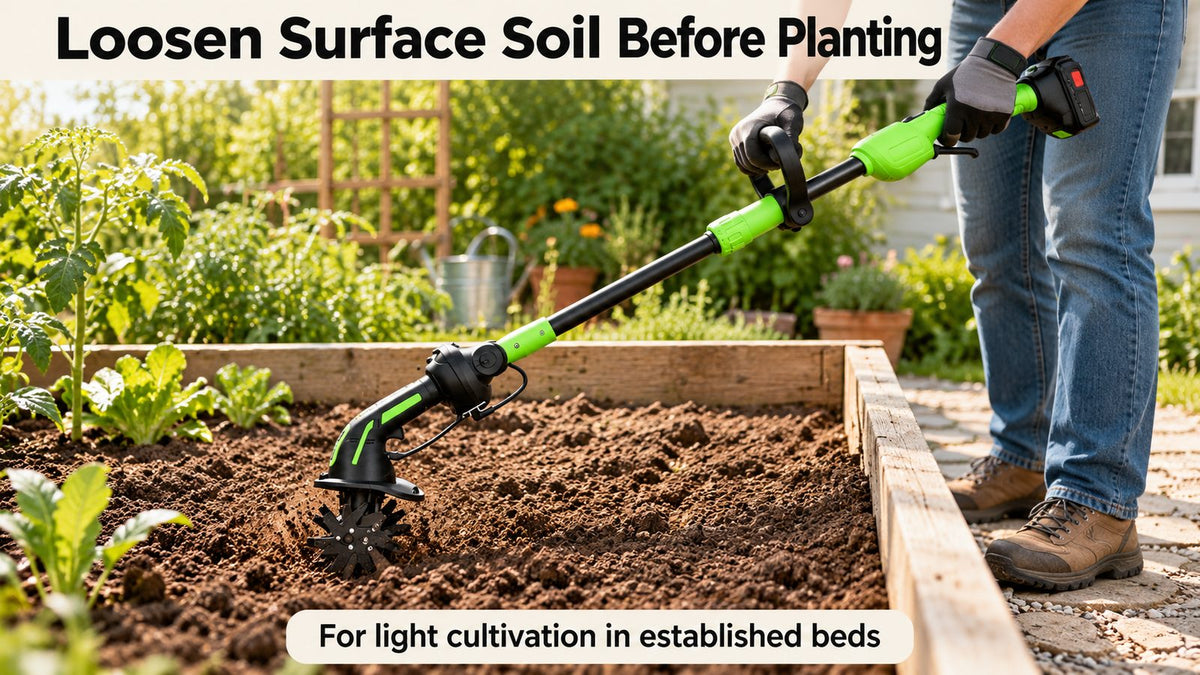 Gardener standing outside a raised bed using a Baxvo cordless mini tiller with an extension pole to loosen surface soil.