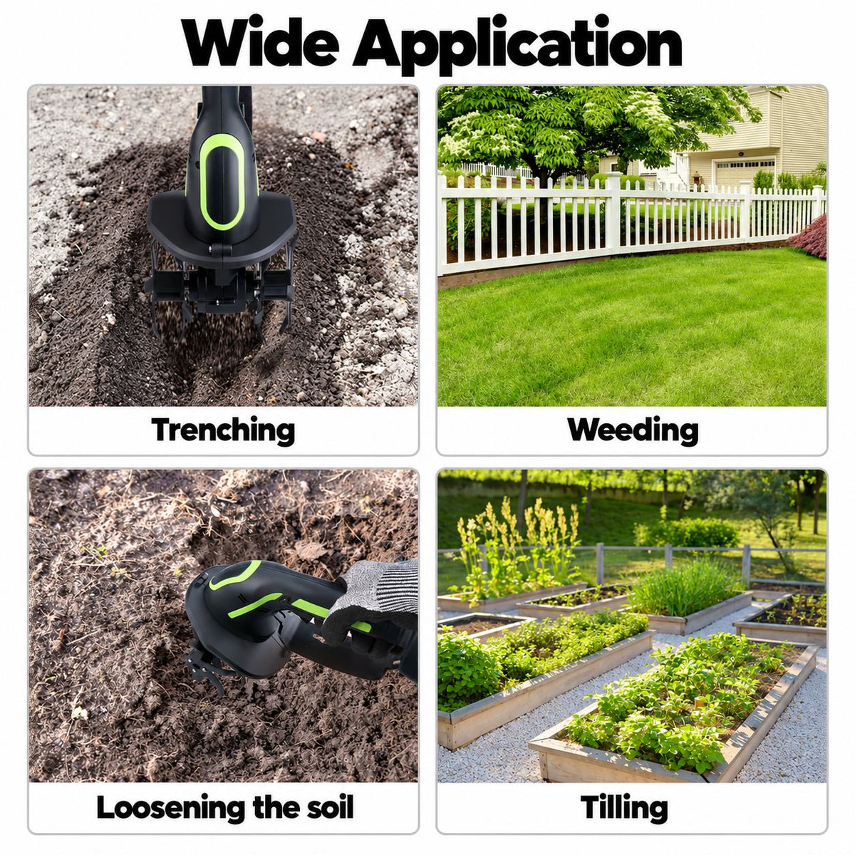 Baxvo cordless tiller application collage showing trenching, soil loosening, a lawn and raised garden beds.