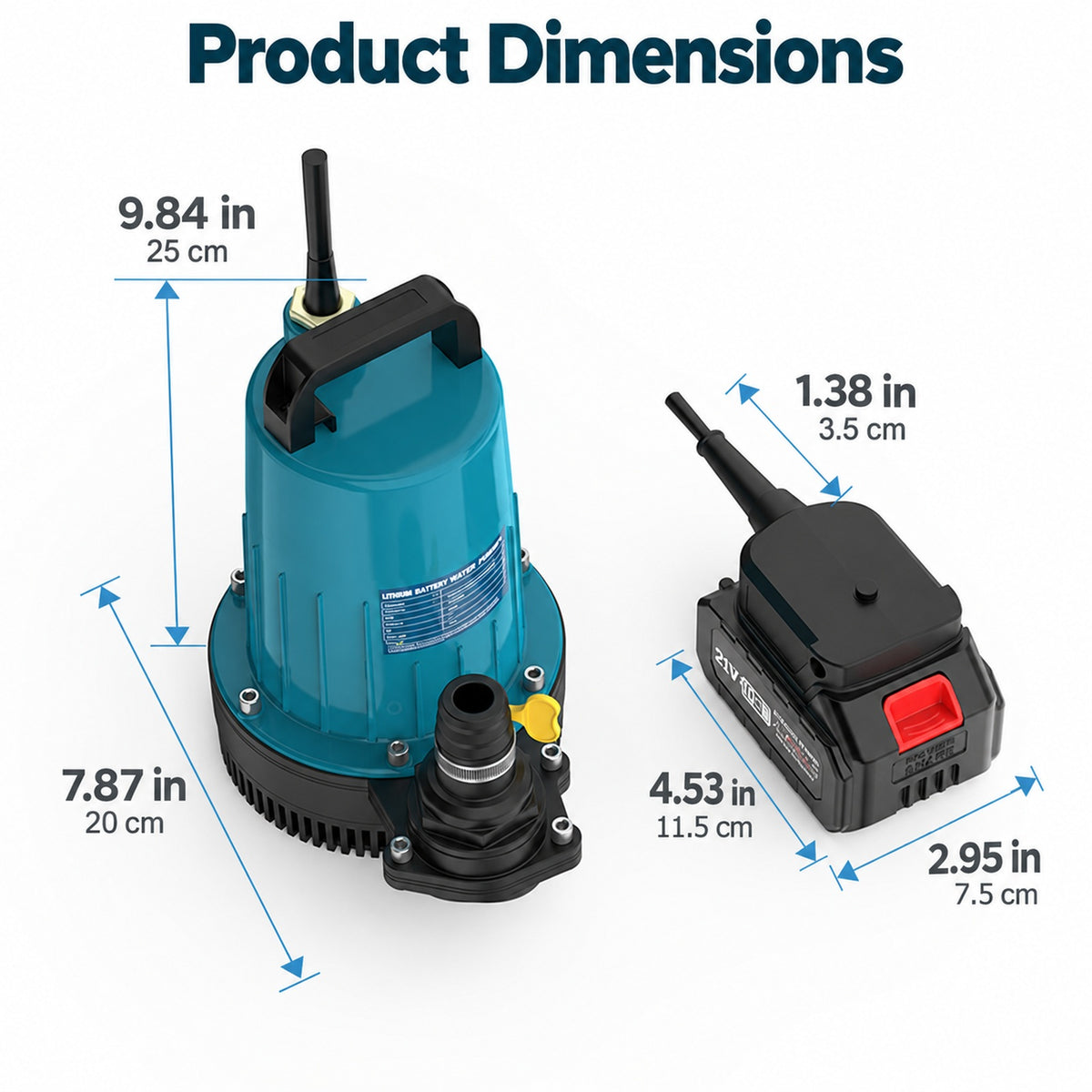 Dimension diagram of the BAXVO submersible water pump and battery with attached switch adapter, labeled in inches and centimeters.