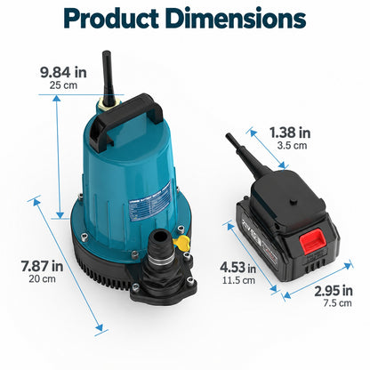 Dimension diagram of the BAXVO submersible water pump and battery with attached switch adapter, labeled in inches and centimeters.
