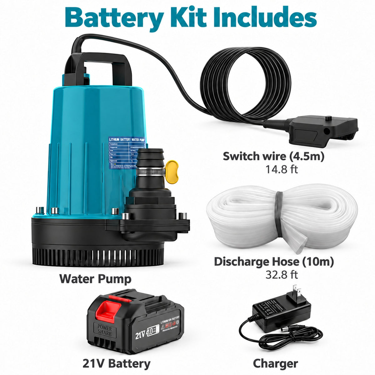 BAXVO water pump battery kit with pump, 4.5 m switch cable, 10 m discharge hose, one 21V battery, and charger.