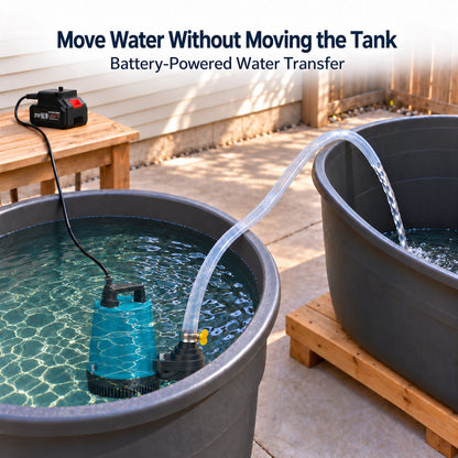 Cordless submersible water pump transferring water between two outdoor tanks, with the battery positioned outside the water.