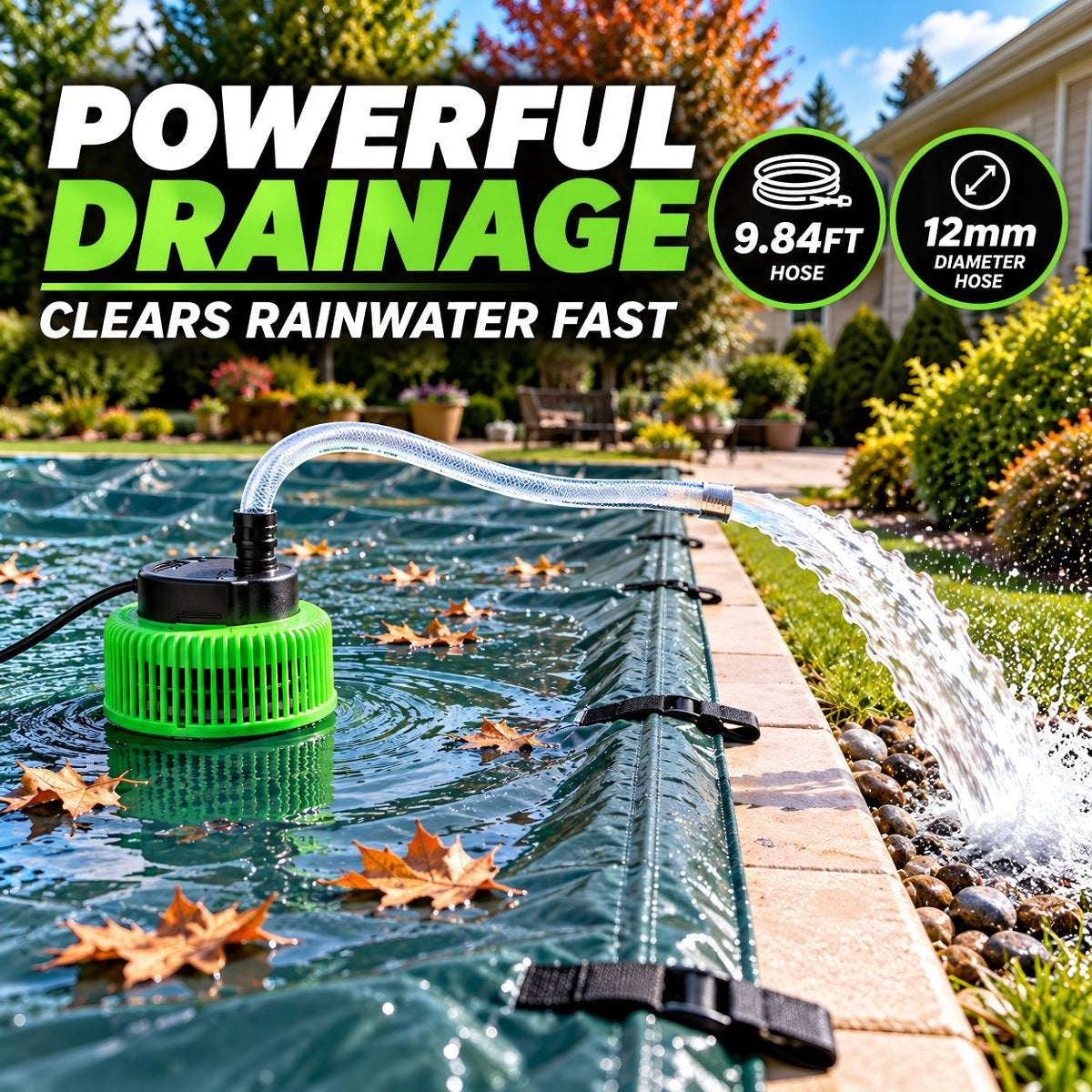 Baxvo pool cover pump removing rainwater from a pool cover through a drain hose labeled 9.84 ft long and 12 mm in diameter.