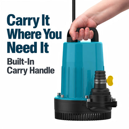 Hand carrying a BAXVO cordless water pump by its built-in top handle.