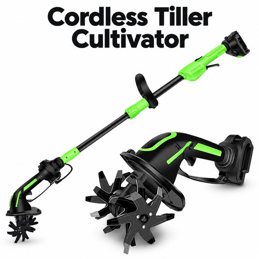 Baxvo cordless tiller cultivator shown in handheld and extension pole configurations on a white background.