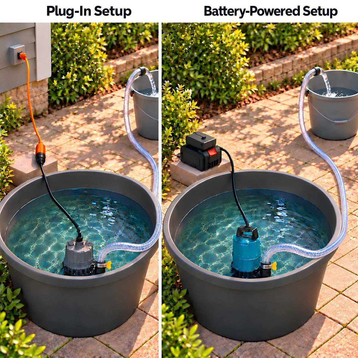 Side-by-side comparison of plug-in and battery-powered water pumps transferring water between containers.