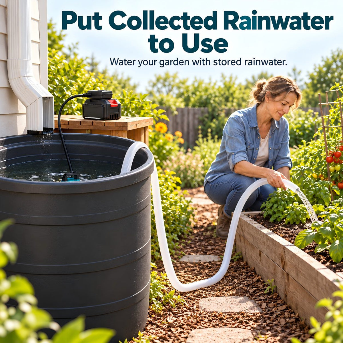 Woman watering a vegetable garden with collected rainwater using a battery-powered water pump and hose.
