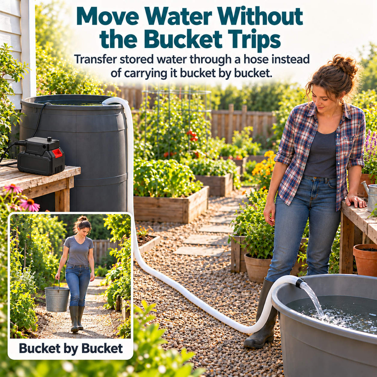 Cordless water transfer pump moving water between garden containers, with an inset showing a woman carrying a bucket.
