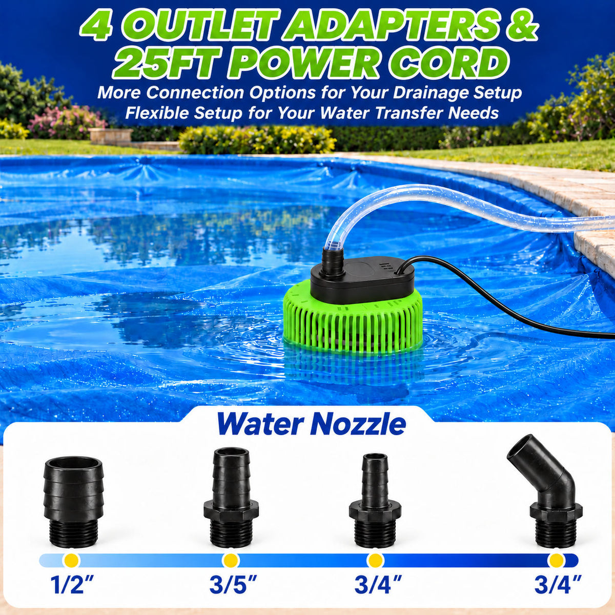Baxvo pool cover pump with four outlet adapters and a 25 ft power cord for different drainage setups.