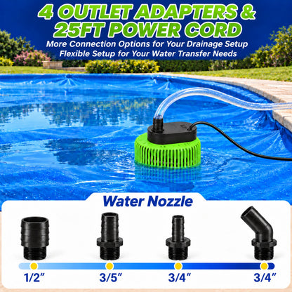 Baxvo pool cover pump with four outlet adapters and a 25 ft power cord for different drainage setups.